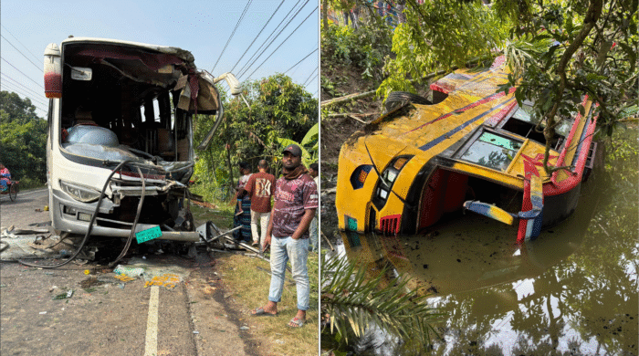 রাজবাড়ীতে বাস ধাক্কায় পুকুরে, আহত অন্তত ২০