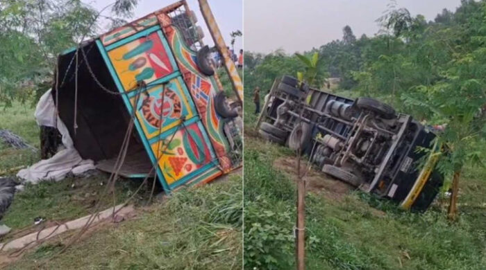 রডবোঝাই ট্রাক বিলে উল্টে আহত ৩ শ্রমিক